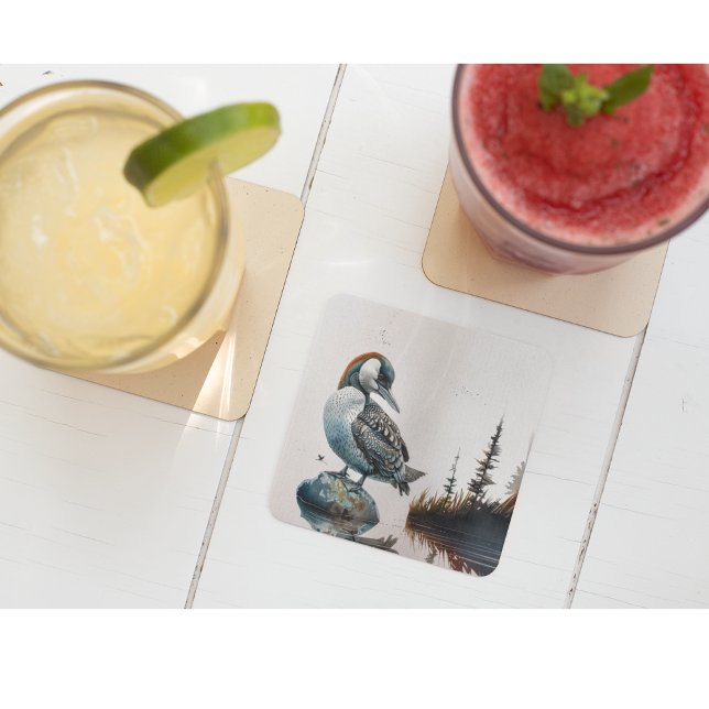 beautiful loon on water in watercolor square paper coaster (Creator Uploaded)