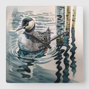 beautiful loon on water in watercolor square wall clock