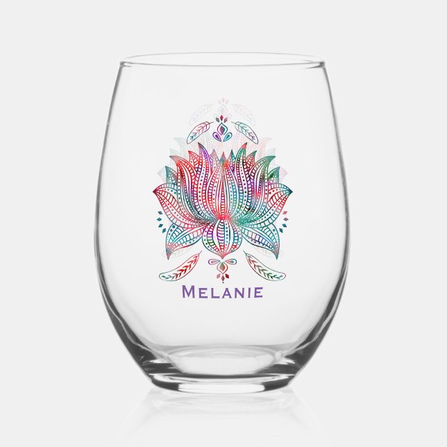 Beautiful Lotus Flower Boho Art Personalised Stemless Wine Glass (Front)