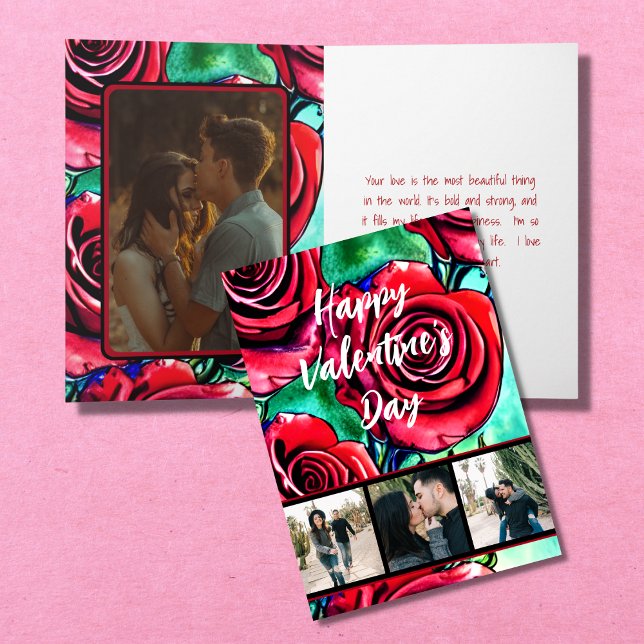 Beautiful Love Red Roses 4 PHOTOs Valentine's Day Holiday Card (Creator Uploaded)