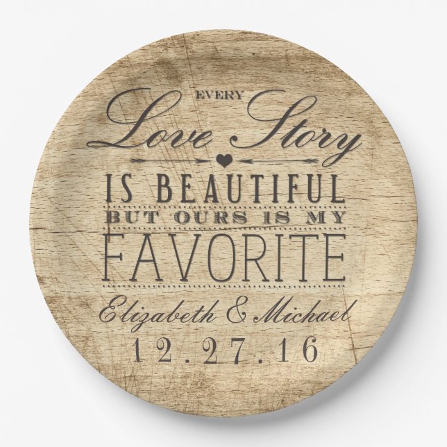Beautiful Love Story Rustic Barn Wood Wedding Paper Plate (Front)