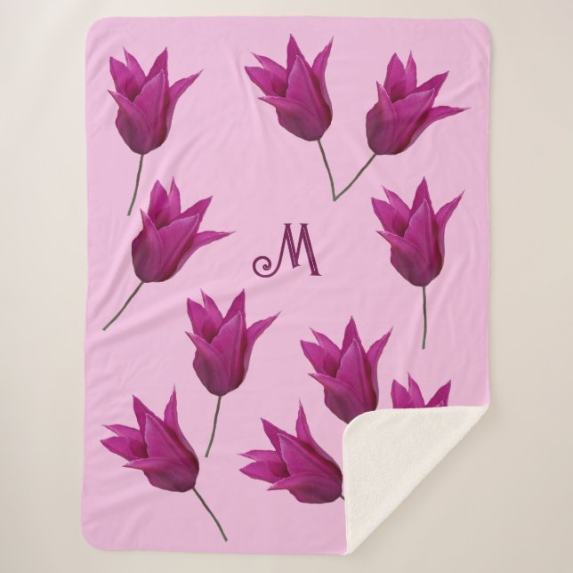 Beautiful M monogram pretty pink tulips floral Sherpa Blanket (Front)