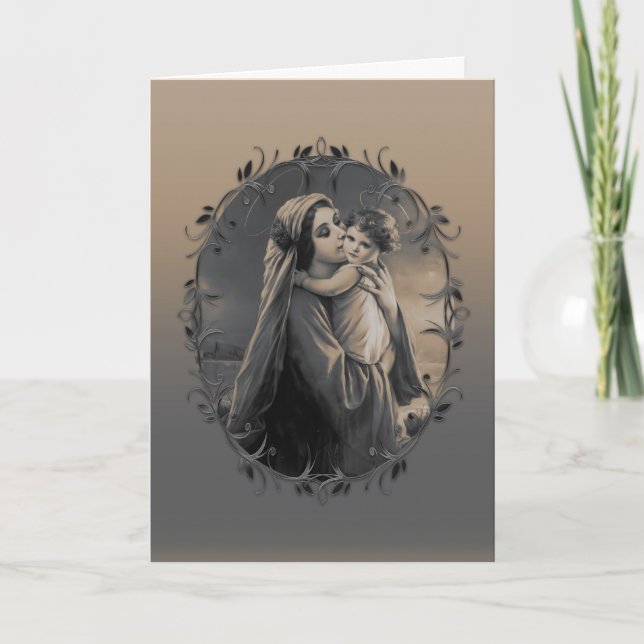 Beautiful Madonna and Child with Silver Frame Holiday Card (Front)