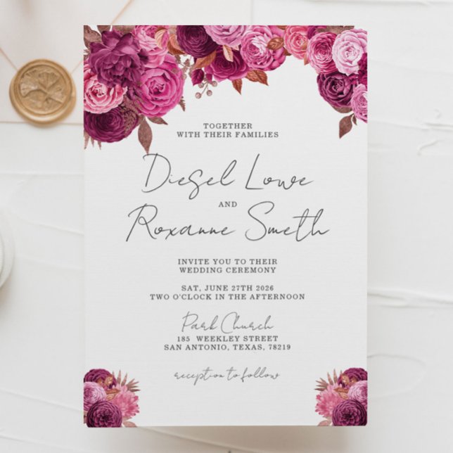 Beautiful Magenta Pink Floral Wedding Invitation (Creator Uploaded)