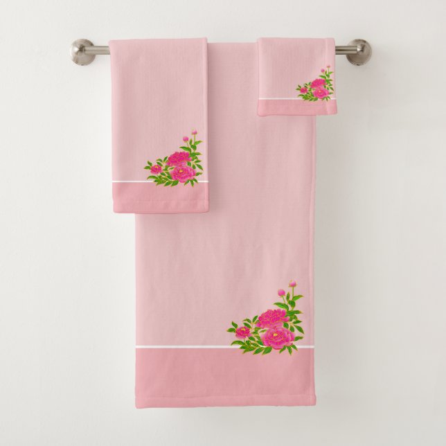 Beautiful Magenta Pink Peony Flowers on Light Pink Bath Towel Set (Insitu)