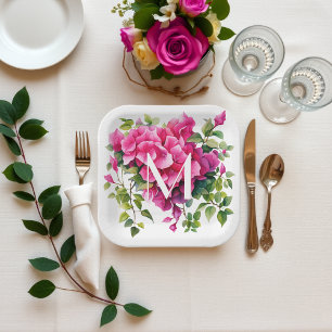 Beautiful Magenta Wild Roses Monogrammed Paper Plate