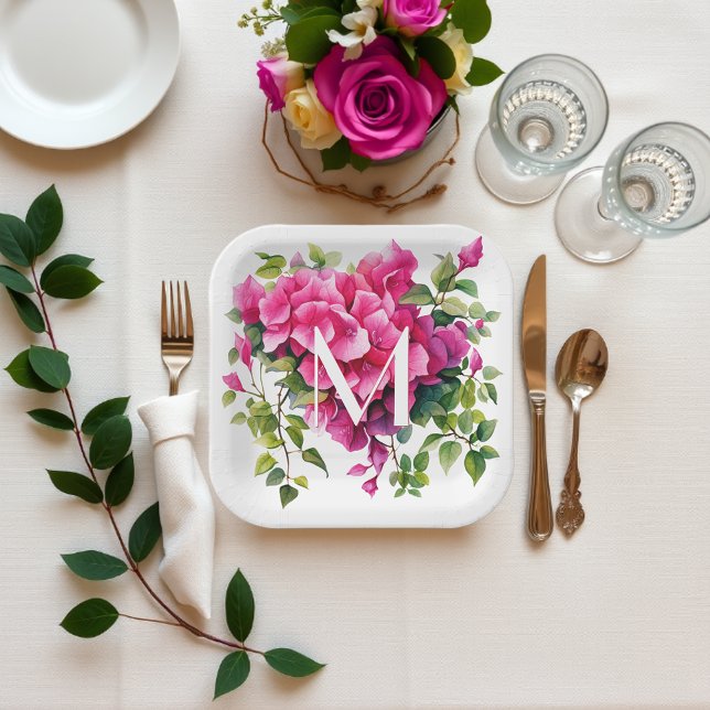 Beautiful Magenta Wild Roses Monogrammed Paper Plate (Creator Uploaded)