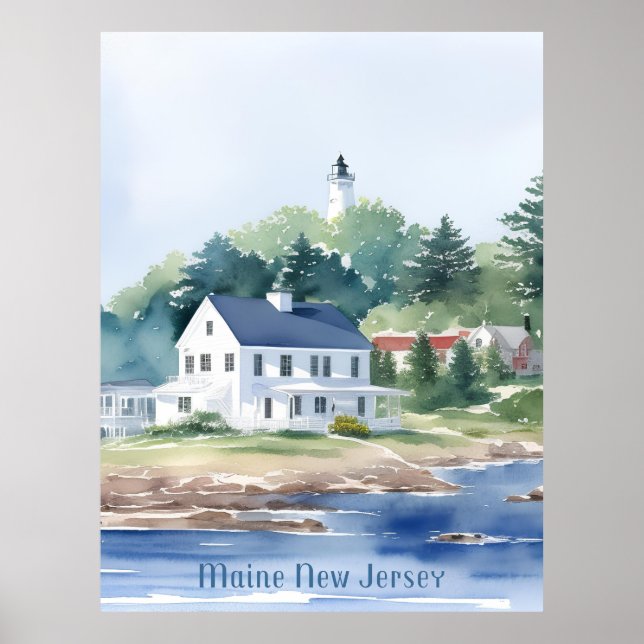 Beautiful Maine New Jersey Watercolor Art Poster (Front)