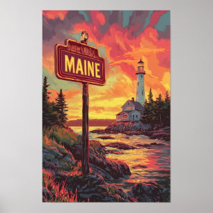 Beautiful Maine USA Vintage Illustration Travel Poster