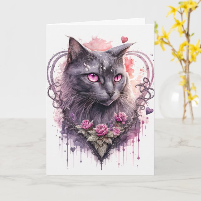 Beautiful Majestic Kitty Cat Witch | Halloween Card (Yellow Flower)