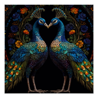 Beautiful Majestic Peacock Couple Cushion Poster