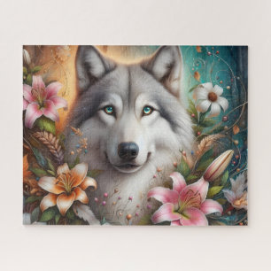 Beautiful Majestic Wolfe With Floral Lillies Jigsaw Puzzle