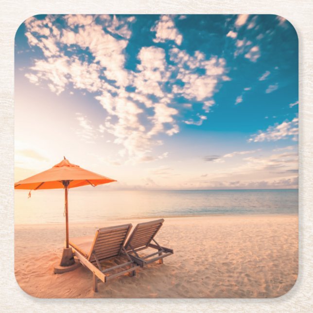 Beautiful Maldives Beach Sunset Square Paper Coaster (Front)