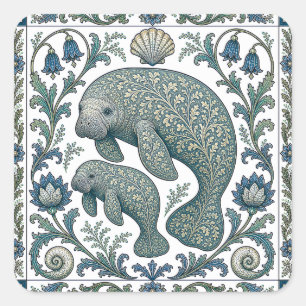 Beautiful Manatee Mum And Baby Vintage Ornate Square Sticker