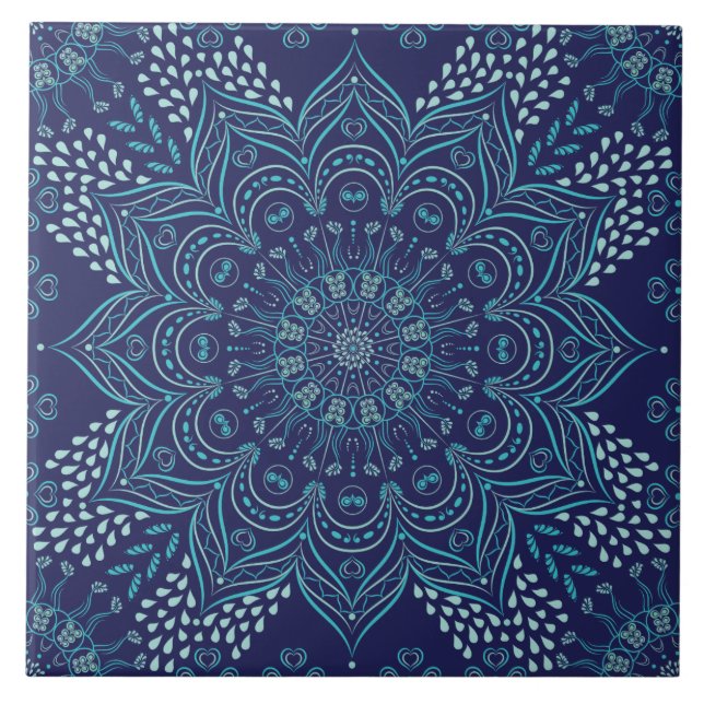 Beautiful mandala ceramic tile | navy blue, teal (Front)