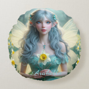 Beautiful March Fairy in Daffodils Round Cushion