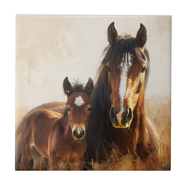 Beautiful Mare and Foal Painting Tile (Front)