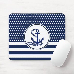 Beautiful Maritime Style, Blue And White, Anchor Mouse Pad