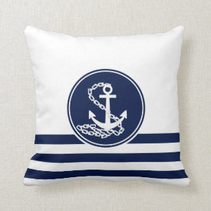 Beautiful Maritime Style White And Blue, Anchor Cushion