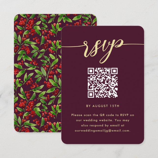 Beautiful Marsala Botanical Wedding QR Code RSVP Card (Front/Back)