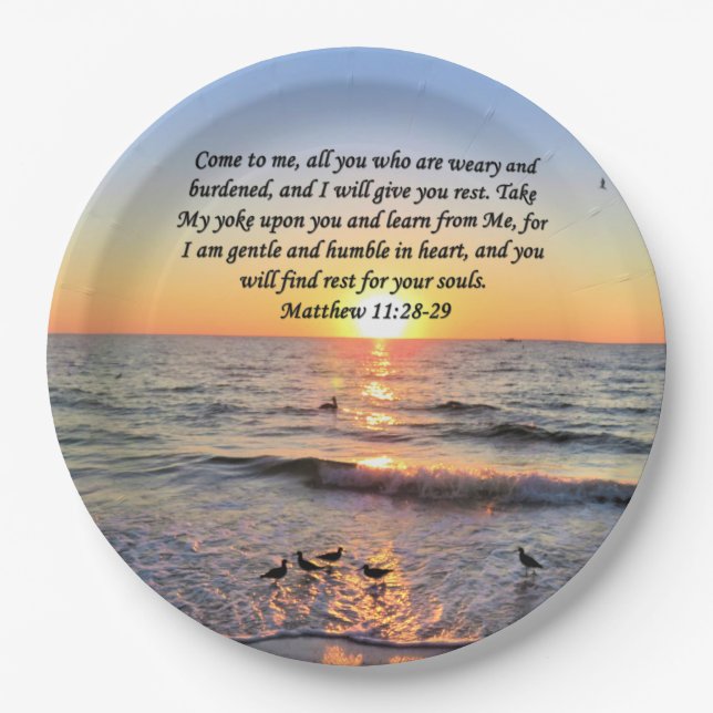 BEAUTIFUL MATTHEW 11:28 SUNRISE PHOTO DESIGN PAPER PLATE (Front)
