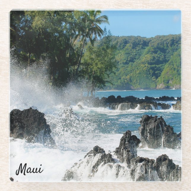 Beautiful Maui Coastline Glass Coaster (Front)