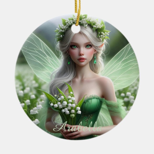 Beautiful May Fairy in Lilies of the Valley Ceramic Tree Decoration (Front)