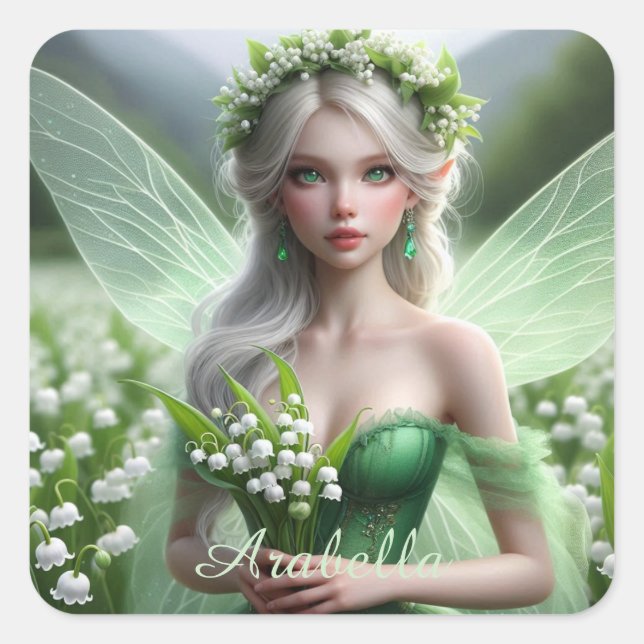 Beautiful May Fairy in Lilies of the Valley Square Sticker (Front)