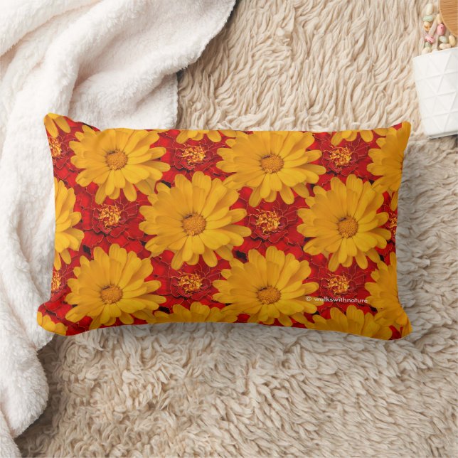 Beautiful Medley of Red Yellow Marigold Flowers Lumbar Cushion (Blanket)