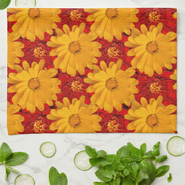 Beautiful Medley of Red Yellow Marigold Flowers Tea Towel (Folded)