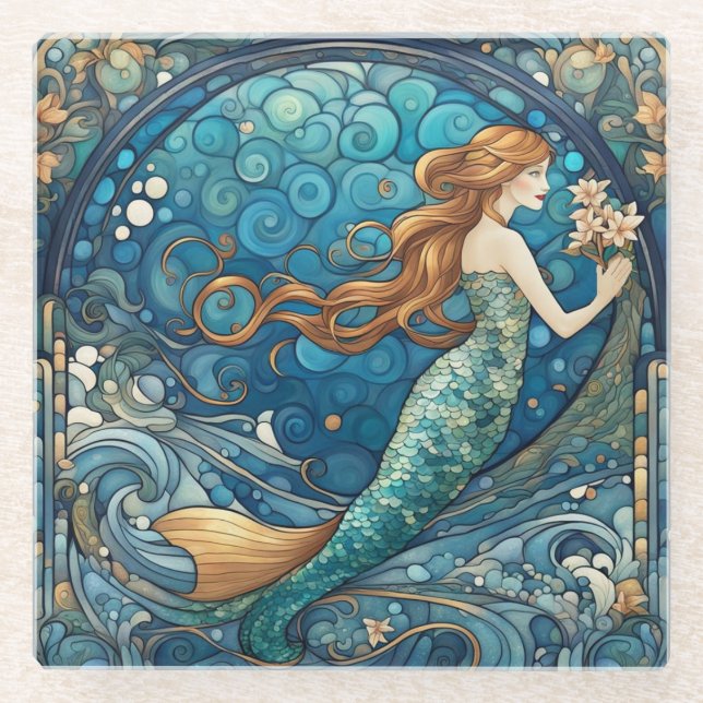 Beautiful Mermaid Art Nouveau Art Deco Style Blue Glass Coaster (Front)