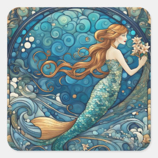 Beautiful Mermaid Art Nouveau Art Deco Style Blue Square Sticker
