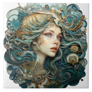 Beautiful Mermaid, Art Nouveau Style Tile
