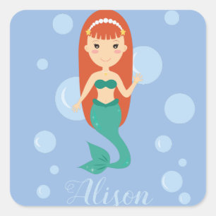 Beautiful mermaid cartoon girl personalised name square sticker