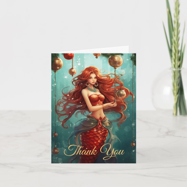 Beautiful Mermaid Christmas Holiday Thank You Card (Front)