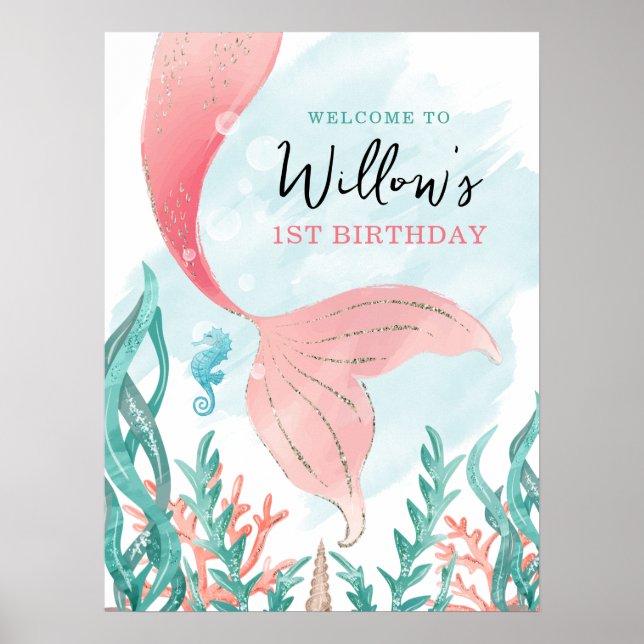 Beautiful Mermaid Girl Birthday Poster Sign (Front)