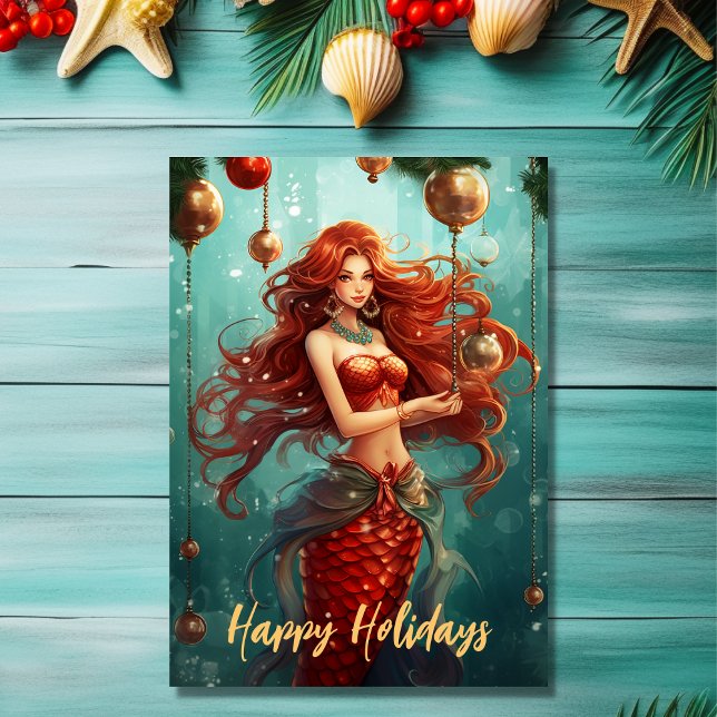 Beautiful Mermaid Happy Holidays Christmas Card (Front - Beautiful Mermaid Happy Holidays Christmas Card)