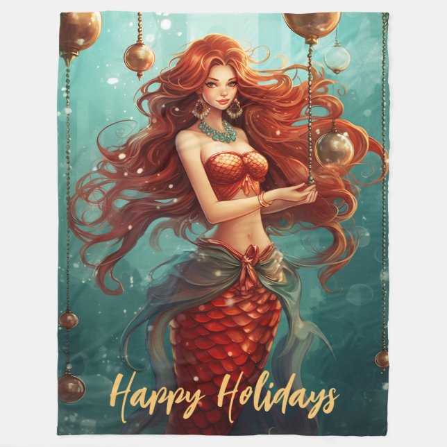 Beautiful Mermaid Happy Holidays Christmas Fleece Blanket (Front)