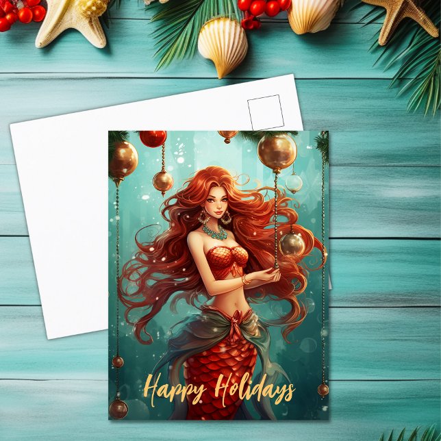 Beautiful Mermaid Happy Holidays Christmas Holiday Postcard (Beautiful Mermaid Happy Holidays Christmas Holiday Postcard)