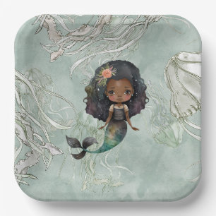 Beautiful Mermaid Jellyfish Cream Green Birthday Paper Plate