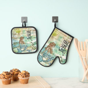 Beautiful Mermaid Make Some Waves Oven Mitt & Pot Holder Set