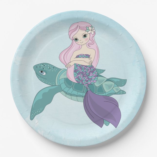 Beautiful Mermaid Sitting on a Sea Turtle Paper Plate (Front)