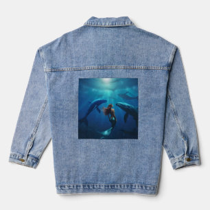 Beautiful Mermaid Swimming With Humpback Whales, Denim Jacket