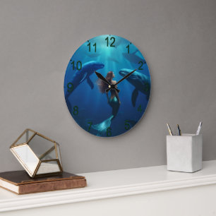 Beautiful Mermaid Swimming With Humpback Whales, Large Clock