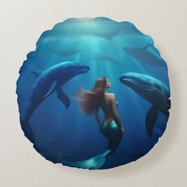 Beautiful Mermaid Swimming With Humpback Whales, Round Cushion (Front)