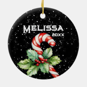 BEAUTIFUL MERRY CHRISTMAS, CANDY CANE, HOLLY SPRIG CERAMIC TREE DECORATION