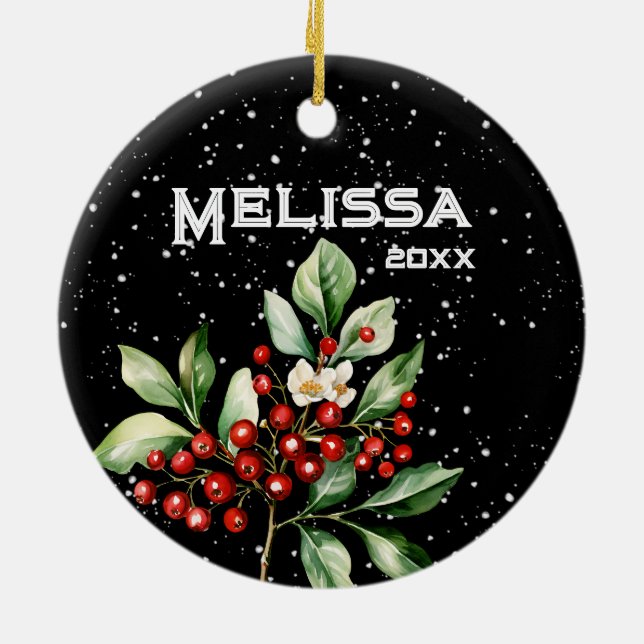 BEAUTIFUL MERRY CHRISTMAS, HOLLY SPRIG, STOCKING,  CERAMIC TREE DECORATION (Back)