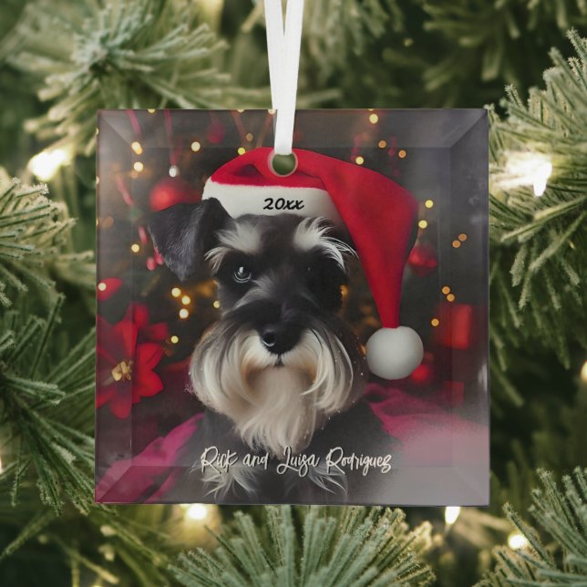 Beautiful Miniature Schnauzer with Santa Hat Glass Tree Decoration (Insitu)