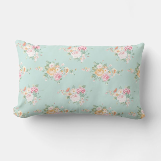 beautiful, mint,shabby chic, country chic, floral, lumbar cushion (Front)