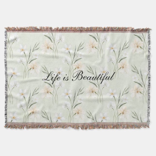 Beautiful Mint White Tropical Flowers Throw Blanket (Front)